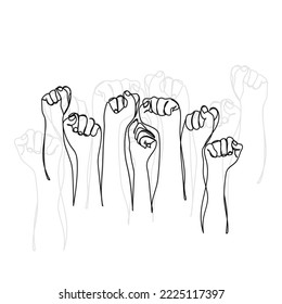 Row of man hands showing clenched fist gesture. Victory or protest group of signs. Human hands gesturing diversity and inclusion. Many arms raised together and present popular gesture. tolerance art.