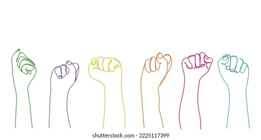 Row of man hands showing clenched fist gesture. Victory or protest group of signs. Human hands gesturing diversity and inclusion. Many arms raised together and present popular gesture. tolerance art.