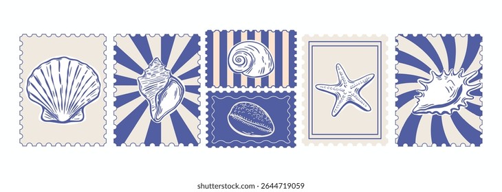 Fileira de selos vintage marinhos com desenhos de concha