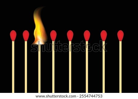Row of Matches One Match Burning Realistic Fire. Igniting people and being a leader concept. Everyday objects and activities, smoking vector art