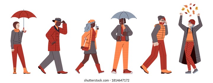 Fila de personas multirraciales caricaturistas personajes cálidos vestidos y alegres con el otoño que viene, ilustración vectorial plana aislada en fondo blanco. Personajes de la ciudad del otoño.