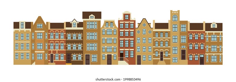 Row of old european houses. Vector graphic illustration isolated on white background.