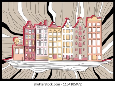 Row of old, historical, typical Amsterdam houses vector illustration.
