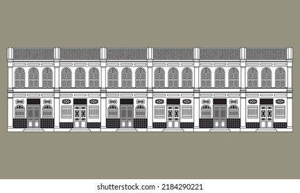 A row of  old shop houses. In monotone line art style.