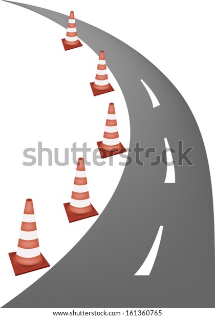 A Row of Orange and White Safety Road Cones or Traffic\
Cones on A Road for Traffic Redirection or Warning of Hazards or\
Dangers. 