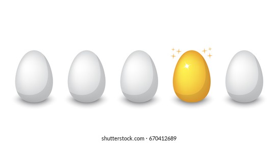 A row of ordinary white chicken eggs in a row one golden shiny egg
