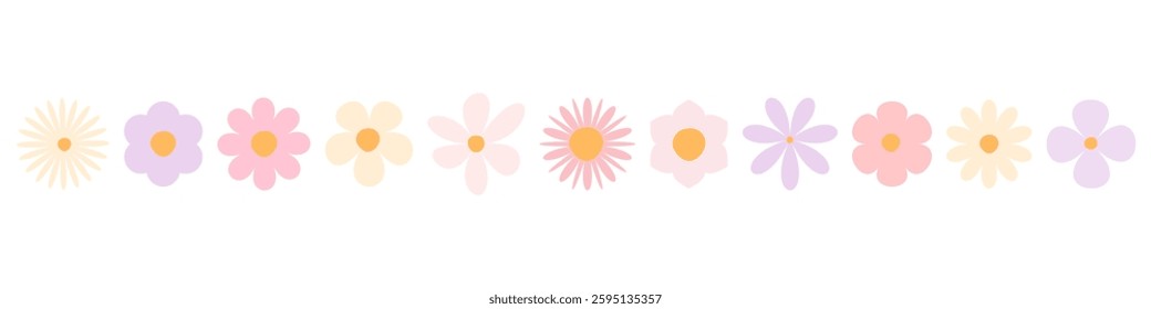 A row of pastel-colored flowers with simple, minimalistic design on a white background, creating a soft and delicate floral pattern. Set of flowers icon. Vector illustration