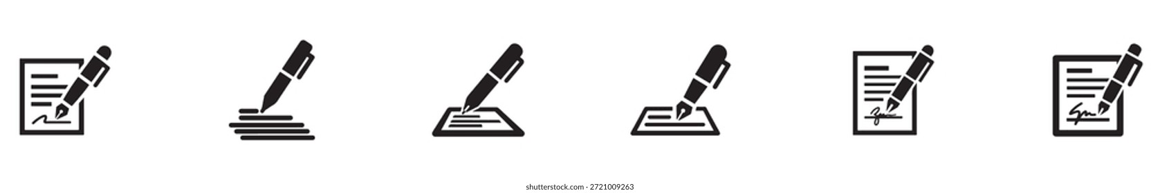 A row of pen icons on documents and paperweights on a white background for business and education concepts