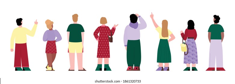 Row of people standing with their backs, cartoon flat vector illustration isolated on white background. Men and women cartoon characters look ahead of them.