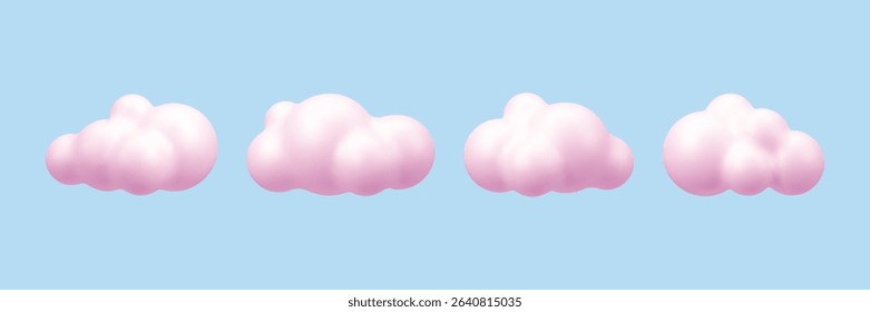 Row of pink 3d cloud vector render on light blue background, set of cute cartoon clouds for dreamy concept. Vector graphics.