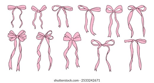 A row of pink bows are shown in various positions. The bows are all different sizes and are arranged in a line. Concept of elegance and femininity