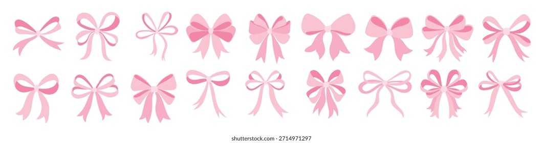 Una fila de lazos rosas con diferentes tamaños y Formas. Los arcos son todos diferentes, pero comparten un color y un tema común