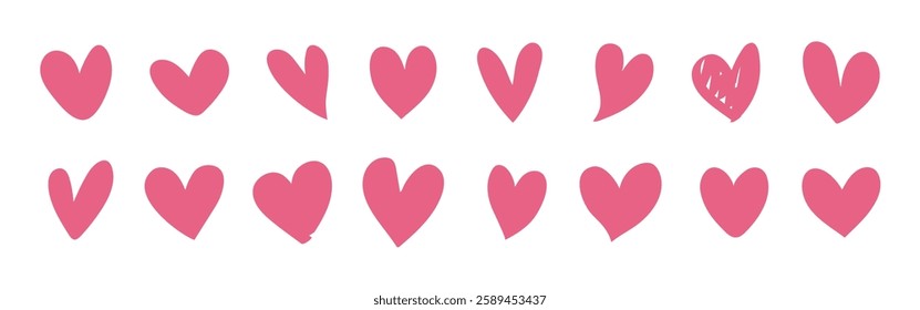 A row of pink hearts, featuring various heart shapes. Pink hearts in a line, with one heart uniquely textured. Pink hearts, simple and charming design. Valentines doodle vector set.