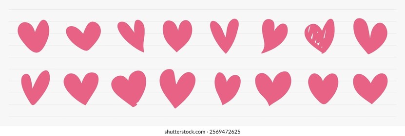 Row of pink hearts on a lined background. Pink hearts in various shapes. Repeated pink hearts create a pattern. Pink hearts are simple and charming. Valentines doodle vector set.