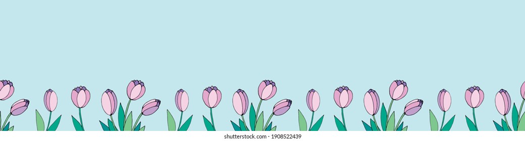 Row of pink tulip flowers. Vector hand drawn spring background isolated. Horizontal bottom edging, border, decoration for greeting card, invitation, Valentine's, Women's or Mother day
