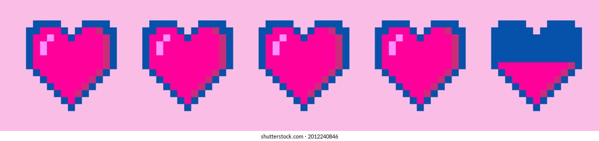 Row of pixel hearts representing health or life in the arcade retro games. Retrowave style vector illustration.
