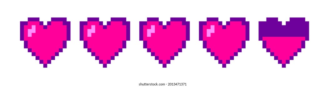 Row of pixel hearts representing health or life in the arcade retro games. Retrowave style vector illustration.