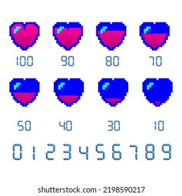 Row of pixelated hearts representing health or life in arcade retro games. Vector illustration in retrowave style with numbers