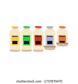 Row of plastic artists paint colour jars or containers, flat vector illustration isolated on white background. Drawing and painting supplies and craft materials.