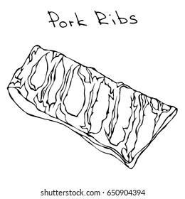 Row Pork Ribs. Fresh Meat Cuts. Realistic Vector Illustration Isolated Hand Drawn Doodle or Cartoon Style Sketch.