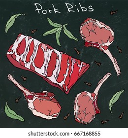 Row Pork Ribs and Herbs. Realistic Hand Drawn Doodle Style Sketch.Vector Illustration Isolated on a Black Chalkboard Background. Fresh Meat Cuts.