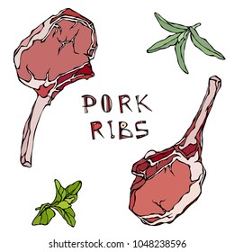 Row Pork Ribs and Herbs Sage and Marjoram. Fresh Meat Cuts. Steak House or Butcher Shop or Restaurant Menu. Lamb, Pork, Ribs. Hand Drawn Illustration. Savoyar Doodle Style.