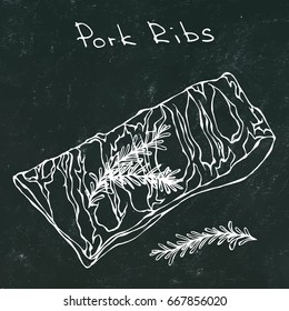 Row Pork Ribs and Herbs. Vector Illustration Isolated on a Black Chalkboard Background. Fresh Meat Cuts. Savoyar Doodle Style.