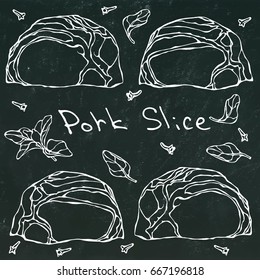 Row Pork Steak Slices and Herbs. Vector Illustration Isolated on a Black Chalkboard Background. Realistic Hand Drawn Doodle Style Sketch. Fresh Meat Cuts.