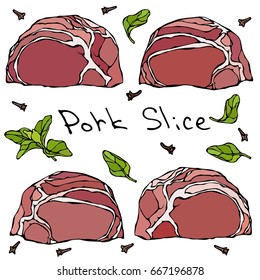 Row Pork Steak Slices and Herbs. Realistic Vector Illustration Isolated Hand Drawn Doodle or Cartoon Style Sketch. Fresh Meat Cuts.