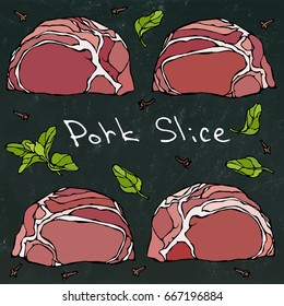 Row Pork Steak Slices and Herbs. Vector Illustration Isolated on a Black Chalkboard Background. Realistic Hand Drawn Doodle Style Sketch. Fresh Meat Cuts.