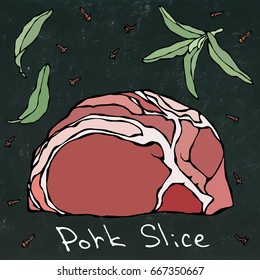 Row Pork Steak Slices and Herbs. Vector Illustration Isolated on a Black Chalkboard Background. Savoyar Doodle Style. Fresh Meat Cuts.