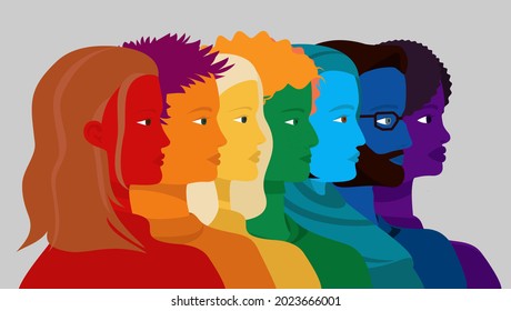 Reihe von Profilen von verschiedenen Menschen gefärbt in Regenbogenfarben. LGBTQ-Konzept. 