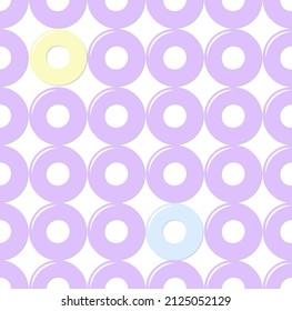 Row of purple donut ring are arranged on whie background with yellow and green one as vector illustration
