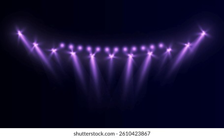 Row of purple stage spotlights with glowing beams on dark background. Lighting effect for concert visuals, performance stages, party lighting or entertainment design elements.