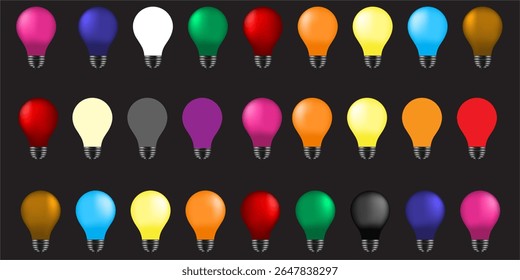 Row of rainbow colored incandescent light bulbs isolated on black background.vector. eps 10