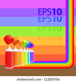 Row of rainbow colored spray oil color can cylinders eps10 vector background