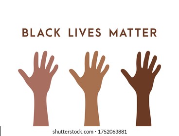 Row of raised hands colored from brown to black with Black lives matter slogan. Anti racism and racial equality and tolerance poster . Vector illustration, social media template on dark background