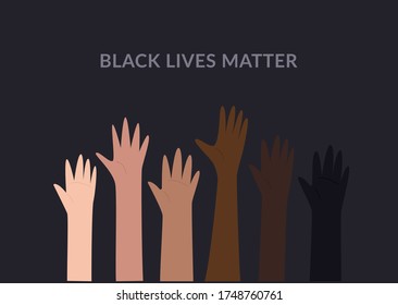 Row of raised hands colored from white to black with Black lives matter slogan. Anti racism and racial equality and tolerance banner. Vector illustration, social media template on dark background.