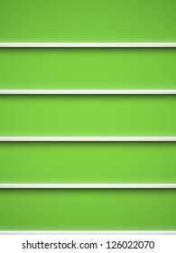 Row of realistic white empty bookshelves on a green wall. Cool background for a smartphone library or an online book store. EPS10 vector.