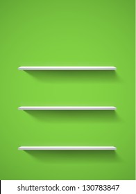 Row of realistic white empty bookshelves on a green wall. EPS10 vector background.