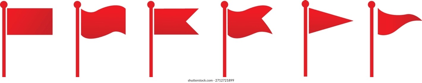 Una fila de banderas rojas en los postes que ondean en el viento aislado en el fondo blanco