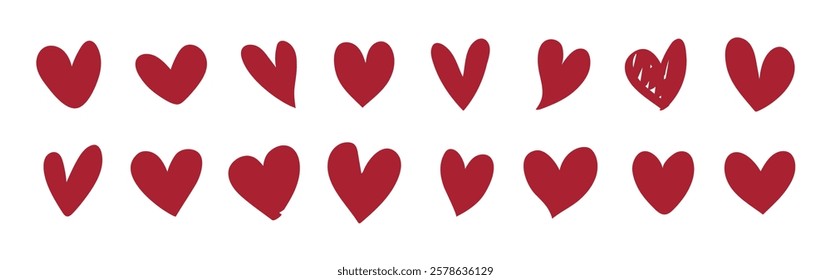 A row of red hearts, red hearts in a line, various red heart designs, simple red heart pattern. Valentine's element vector set.