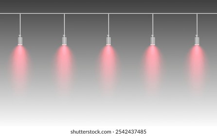 Row of red spotlights hanging from a track. Soft glow illuminating downward, creating a modern lighting effect. Ideal for stage lighting, exhibitions, and interior designs. Stage light