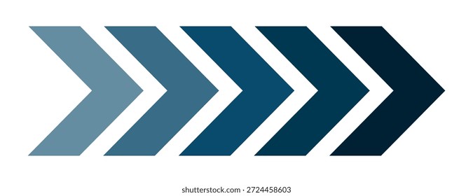 Row of right pointing chevron arrows in blue tones, modern geometric arrow illustration showing progress, direction and movement concept for business, navigation, workflow and infographic design