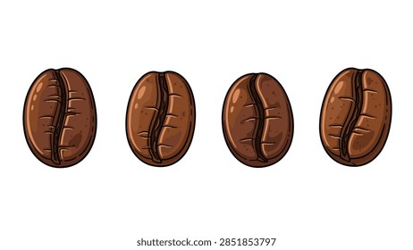 Row of roasted coffee beans aligned horizontally in hand drawn cartoon style isolated on a clean white background.
