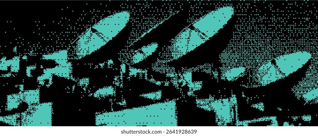 Row of satellite dishes positioned expertly against a dramatic backdrop, showcasing the importance of satellite communication.   technology's role in connectivity. Bitmap y2k bg. 