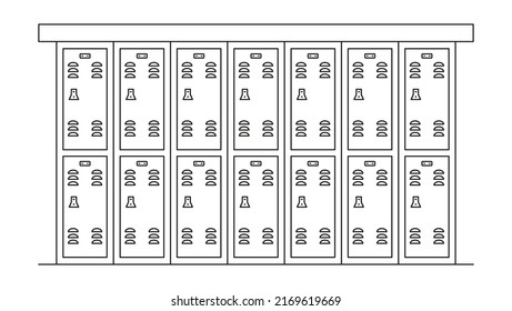 Row of school locker line art. Black and white vector illustration. 