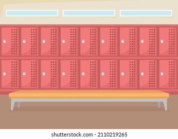 Row Of School Lockers Flat Color Vector Illustration. Corridor With Benches. Closet Space For Gym Class. Tidy Wardrobe Area 2D Cartoon Interior With Closed Storage Shelves On Background