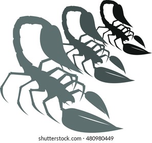 Row of scorpions on white background
