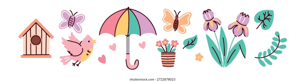 Reihe saisonaler Elemente mit Regenschirm-Singvogelinsekten und Irisblumen. Das Beste für dekorative Web-Header Social Media Grenzen und Grußkarten